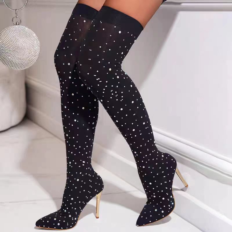 Sock Boot Women - 라인스톤 슬림 레그 스트레치 삭스 부츠