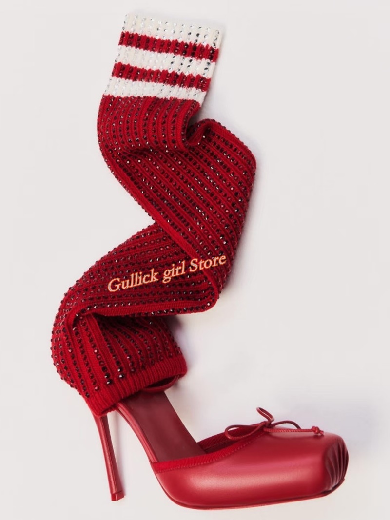 Sock Boot Women - 레드 니트 스퀘어토 부츠 컷아웃 스틸레토