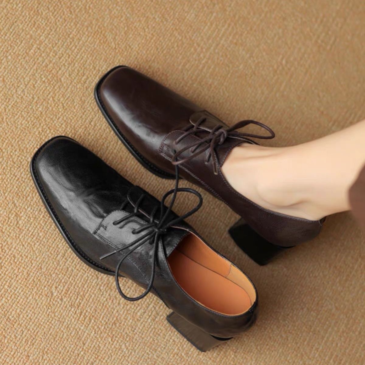 여성용 사각 앞코 레이스업 옥스퍼드 슈즈, 천연 가죽  - Oxford Lace Up Women 리뷰 및 가격