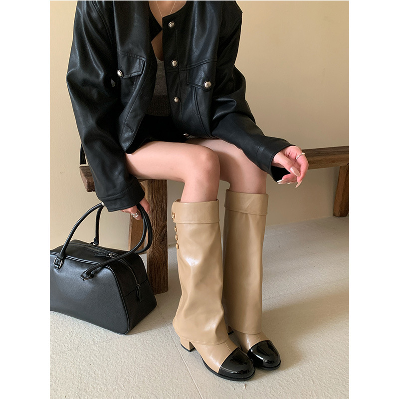 프렌치 스타일 작은 향기로운 라운드 토 컬러 블록 나이 - Sock Boot Women 리뷰 및 가격