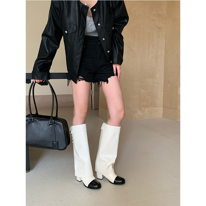 프렌치 스타일 작은 향기로운 라운드 토 컬러 블록 나이 - Sock Boot Women 리뷰 및 가격