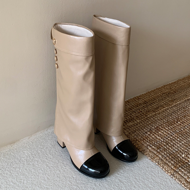 프렌치 스타일 작은 향기로운 라운드 토 컬러 블록 나이 - Sock Boot Women 리뷰 및 가격
