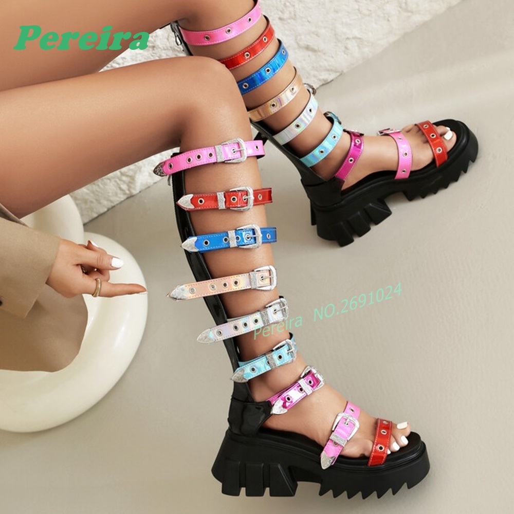 컬러풀한 멀티 버클 스트랩 니하이 글래디에이터 샌들 오 - Knee High Boots Women 리뷰 및 가격
