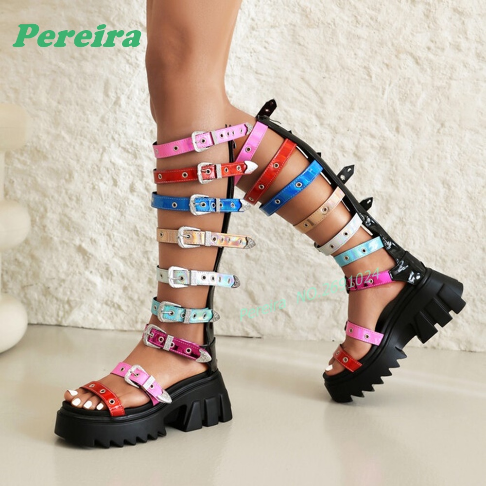 컬러풀한 멀티 버클 스트랩 니하이 글래디에이터 샌들 오 - Knee High Boots Women 리뷰 및 가격