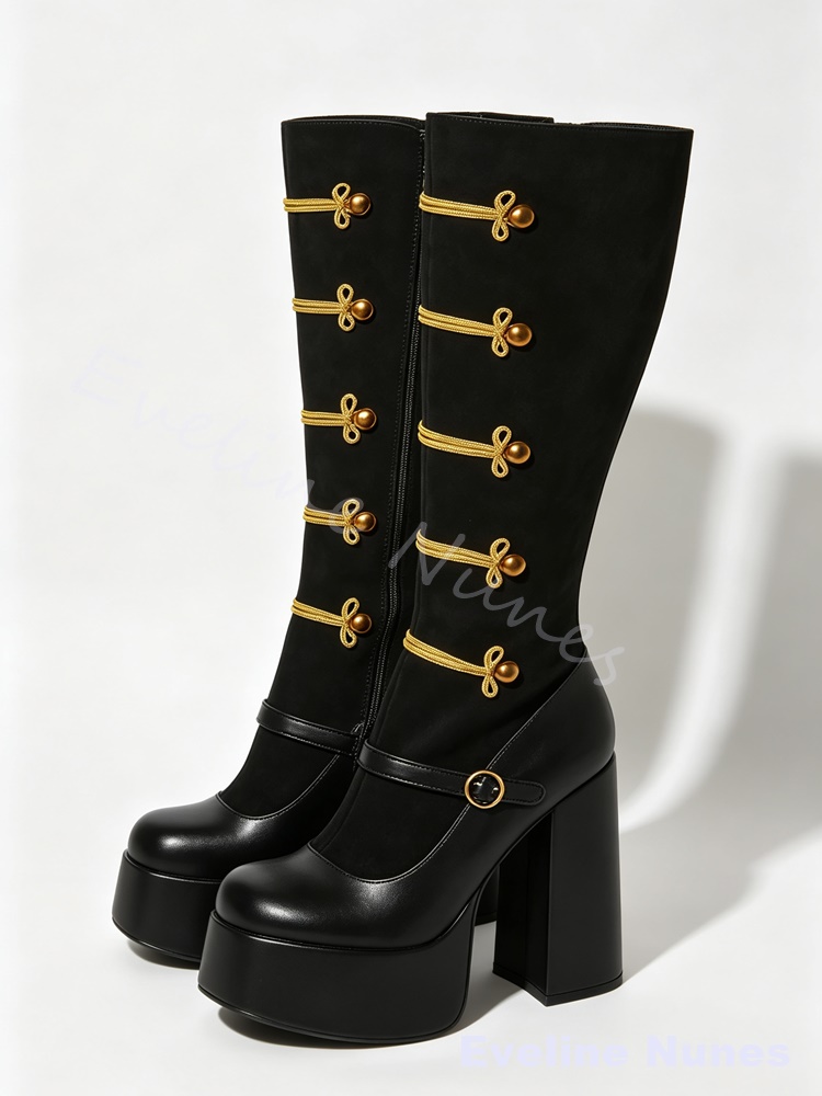 레트로 스타일의 로열 코트 골드 매듭 장식 롱 부츠,  - Court Heel Pointed 리뷰 및 가격